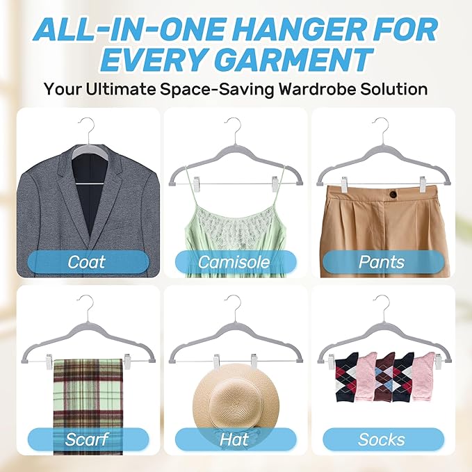 Velvet Pants Hangers 20 Pack with Adjustable Clips, Space-Saving Slim Flocked Hangers, Heavy Duty & Non-Slip Felt Clothes Hangers for Pants, Skirts, Dresses, and Jeans(Grey)