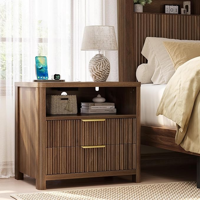 CypBed NightStand Set of 2 with Charging Station, Bedside Tables with 2 Drawers & Storage Shelf, Wood Fluted Nightstand with Rounded Corner Design, Modern End Table for Bedroom, Easy Assembly