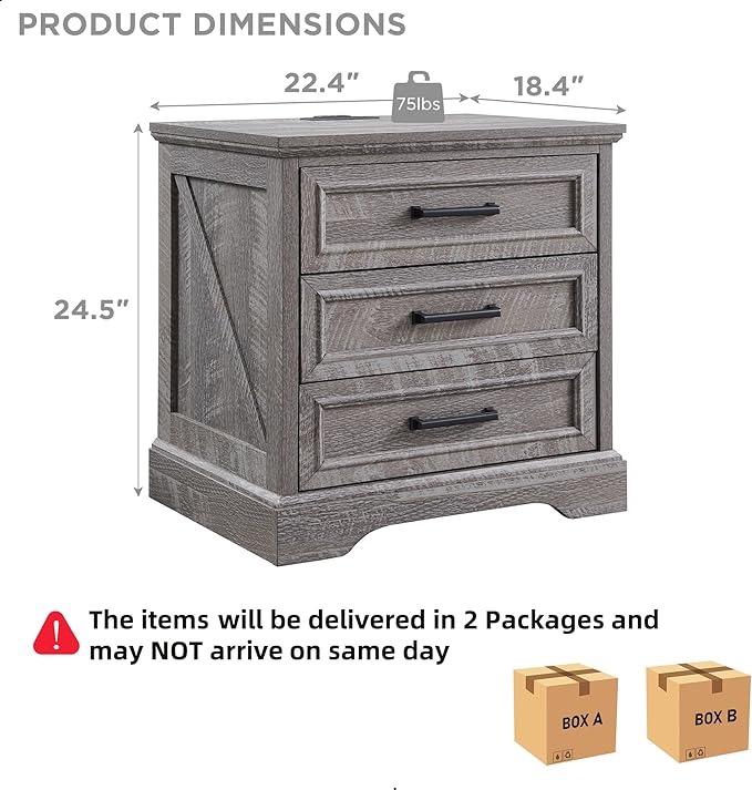 ACCOHOHO Farmhouse Nightstands Set of 2, 22 Inch Wide End Table with Charging Station & 3 Large Drawers, Rustic Wood Small Dresser Chest of Drawers for Bedroom, Living Room, Grey
