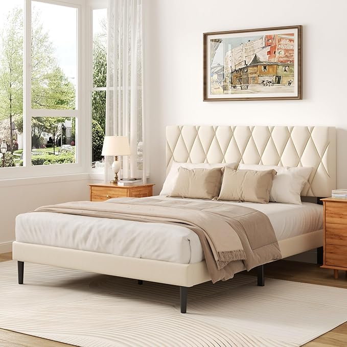 Queen Size Bed Frame with Diamond Tufted Headboard, Velvet Upholstered Platform Bed and Wooden Slat Support, Noise-Free, No Box Spring Needed, Easy Assembly, Beige