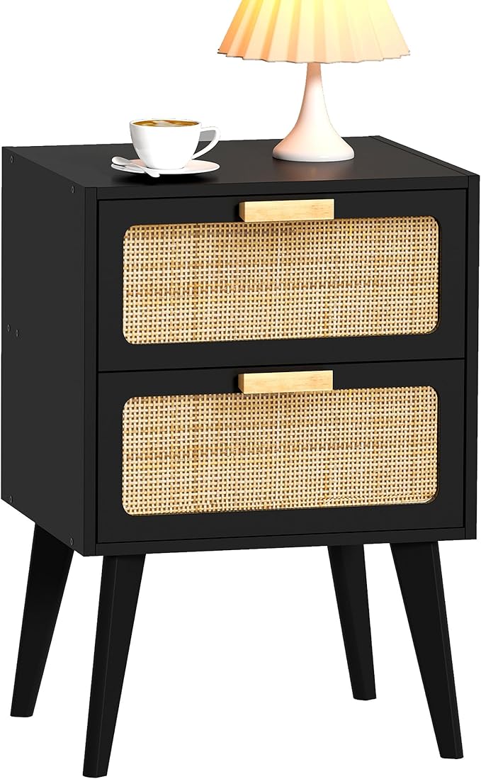 YAUKOMEL Rattan Nightstand, Wood End Table, Side Table with 2 Hand Made Rattan Decorated Drawers,Boho Bedside Table,Wood Accent Table with Storage for Livingroom, Bedroom, Black CTG59B