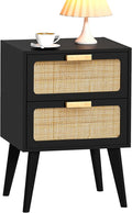 YAUKOMEL Rattan Nightstand, Wood End Table, Side Table with 2 Hand Made Rattan Decorated Drawers,Boho Bedside Table,Wood Accent Table with Storage for Livingroom, Bedroom, Black CTG59B
