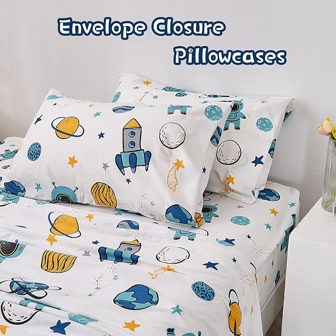 JSD Blue Astronaut Kids Sheet Set Full Size, 4 Piece Space Rocket Printed Microfiber Bed Sheets Deep Pocket