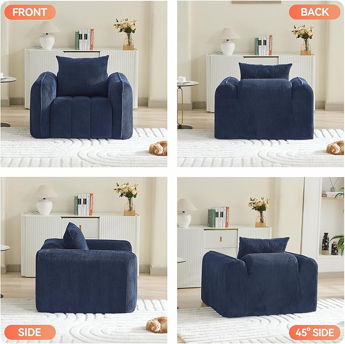 Oversized Boneless Corduroy Accent Chair, Comfy Deep Seat Armchair for Bedroom, Modern Upholstered Living Room Sofa Chair with Pillow, No Assembly, Navy