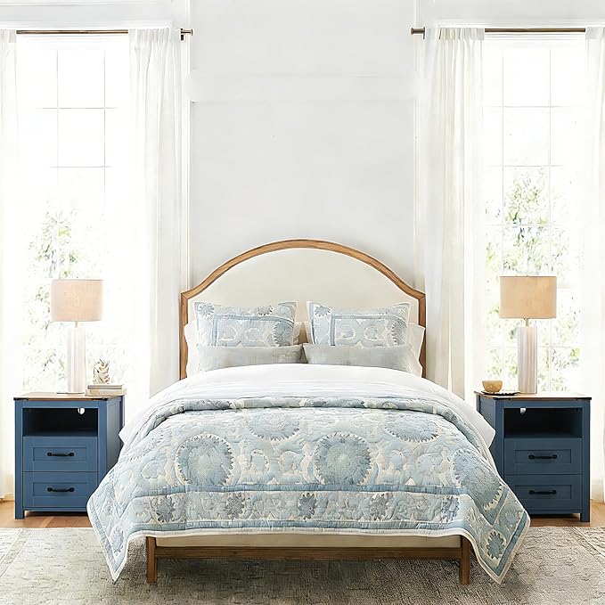 Blue Rustic Night Stand, Farmhouse End Table, Modern Bedside Table with 2 Storage Drawers and Open Shelf, Tall Nightstand for Bedroom
