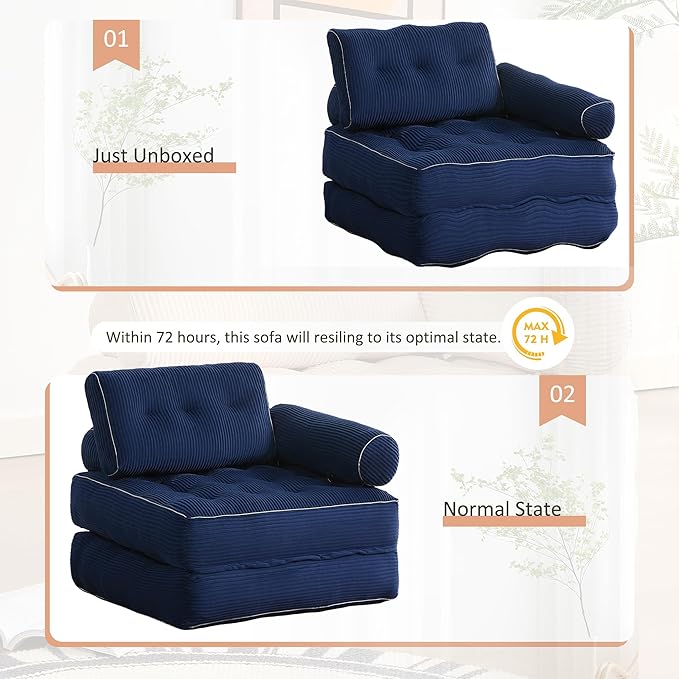 Plus Futon Sofa Bed for Small Spaces, Floor Couch with Armrest, Folding Sofa Couch, Convertible Sleeper Chair Bed with Pillow, Portable Comfy Floor Lounge for Living Room and Bedroom, Blue