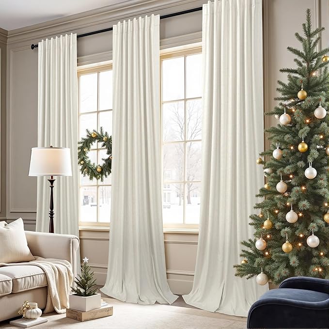 Floor to Ceiling Curtains 104 Inch Long 2 Panel Sun Light Blocking Bohemian Soft Natural Linen Textured Blackout Thermal Insulated Drape for Bedroom Dining Room Privacy Moody Vintage Cottagecore Cream