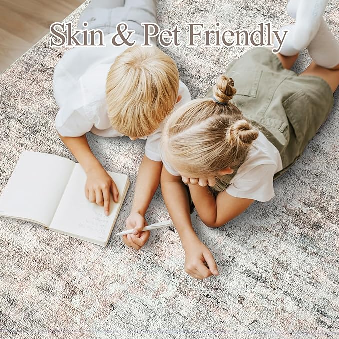 6x9 Abstract Area Rugs for Living Room 6 x 9 Washable Grey Pink Non Slip Low Pile Rugs for Bedroom Dining Room Foldable Thin