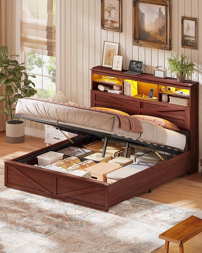 AOGLLATI Farmhouse Bed Frame Queen Size with Lift Up Storage & Hidden Bookcase Storage Headbord, Wooden Queen Bed Frame with Charging Station, Led Lights, No Box Spring Needed, Brown