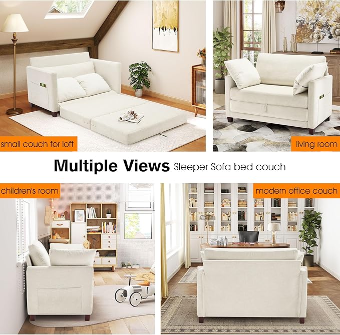 51" Loveseat Sleeper Sofa Bed, Chenille Convertible Floor Sofa Bed for Small Spaces, Folding Couch Bed with Deep Seat, 2 Pillows & Solid Frame, Pull Out Floor Couch for Living Room, Beige