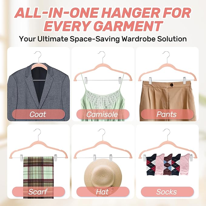 Velvet Pants Hangers 20 Pack with Adjustable Clips, Space-Saving Slim Felt Clothes Hangers, Heavy Duty & Non-Slip Flocked Hangers for Pants, Skirts, Dresses, and Jeans(Pink)