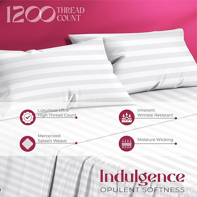 Mayfair Linen 100% Egyptian Cotton Sheets Queen Size - 1200 Thread Count 4 PC Damask Queen Sheet Set Egyptian Cotton, Sateen Luxury Sheet, High Thread Count Sheets, 17" Deep Pocket - White Stripe