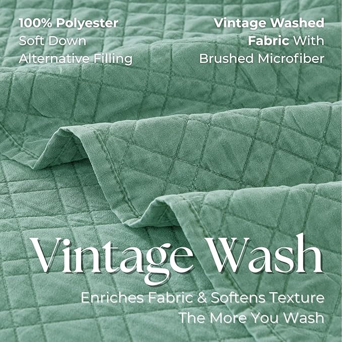 DOWN HOME Twin Quilt Set with Sham Lightweight Quilted Bedspread Coverlet Thin Comforter Bed Cover Vintage Washed Quilted Blanket for All Season, Brushed Microfiber Diamond Stitching, Green, 66"x92"