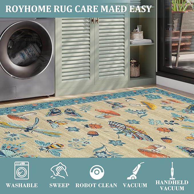 Mushroom Insect Washable Rug 5x7 Area Rugs for Bedroom Non Slip with Rubber Back Low Pile Stain Resistant Butterfly Carpet for Living Room Nursery Kitchen Dining Room Khaki Blue
