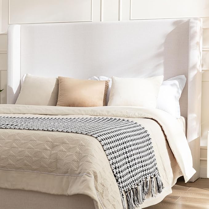Harper Upholstered Bed with 54" Tall Headboard - Wingback Chenille Platform Bed Frame, Solid Wood Feet, Sturdy Metal Base, Easy Assembly (Textured Ivory, King (U.S. Standard))
