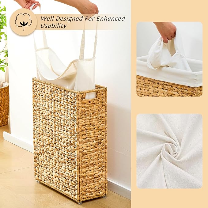 Handwoven Slim Laundry Hamper, 75L Narrow Laundry Basket, Natural Water Hyacinth Basket and Handles and Removable Liner Bag & 2 Mesh Bags (Natural, 75L)