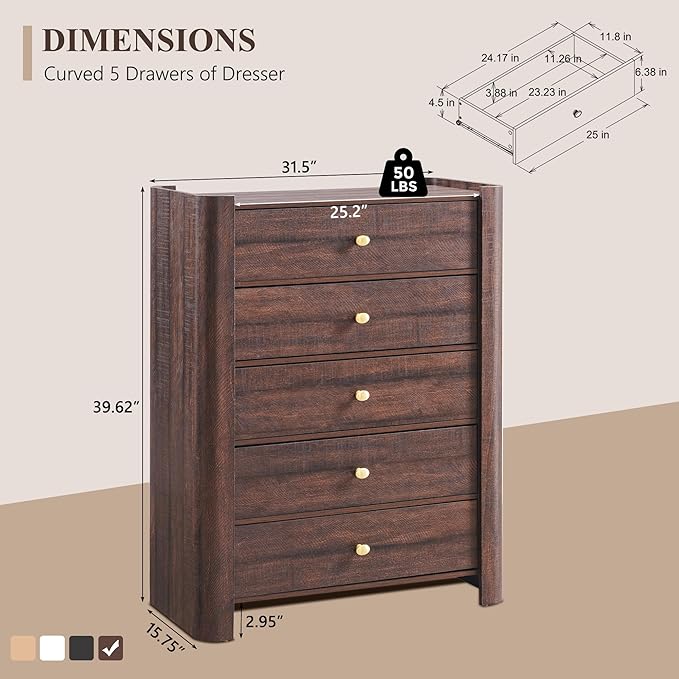 Modern 5 Drawer Dresser for Bedroom, Wooden Chest of Drawers with Curved Profile Design, 39.6" Tall Wood Dresser with Golden Metal Handle for Bedroom, Living Room, Hallway, Brown
