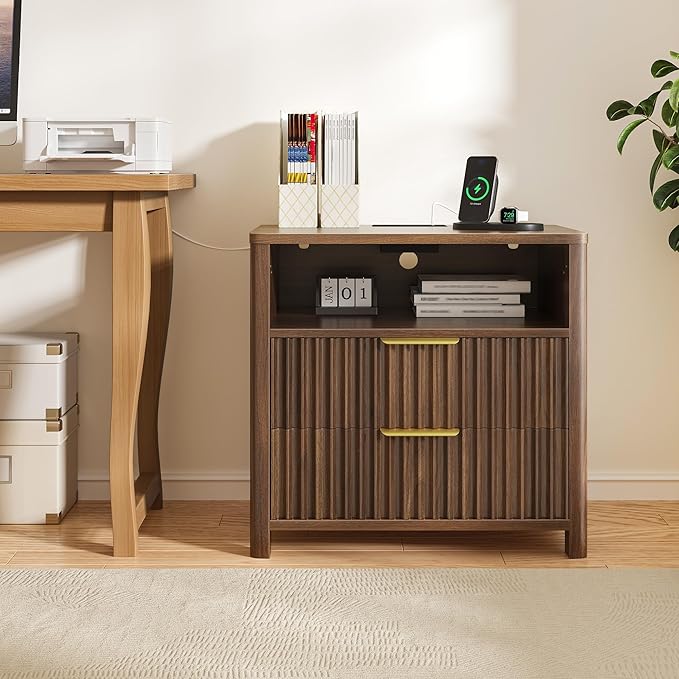 CypBed NightStand Set of 2 with Charging Station, Bedside Tables with 2 Drawers & Storage Shelf, Wood Fluted Nightstand with Rounded Corner Design, Modern End Table for Bedroom, Easy Assembly