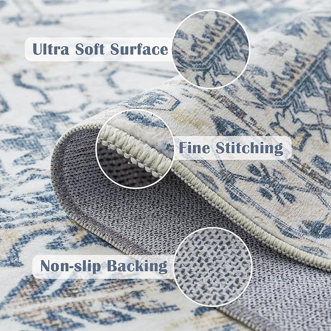 jinchan Lima Hallway Runner Rug 3x10 Washable - Vintage Floral Non Slip Low-Pile Soft Ultra-Thin Faux Wool Kitchen Rug Distressed Carpet Runner for Farmhouse Bedroom Laundry (3x10ft, Blue)