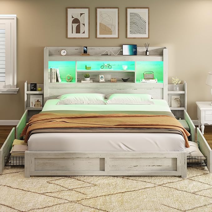 AMERLIFE King Bed Frame with 4 Storage Drawers, LED Bed Frame with 49.6" Tall Bookcase Headboard, Wood Platform Bed with 2 Slide Bedside Shelf & Charging Station, No Box Spring Needed/Distressed White