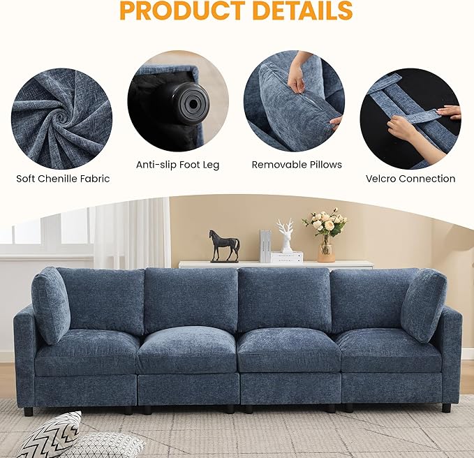 116'' 4-Seater Modular Sectional Cloud Sofa, Straight-Line Couches for Living Room, Modern Upholstered Deep Seat Sofa, Chenille Blue