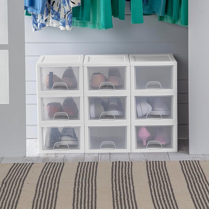 Sterilite 18-Pack 6 Quart Stacking Drawer, Clear Storage Closet Organizer, White Frame - Stackable Modular Plastic Drawers for Clothes, Accessories, Craft Supplies, Shoes or Linens