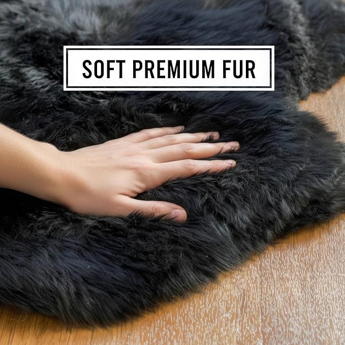 Black Sheepskin Rug 4x6 ft, Genuine Quad Pelt Fluffy Fur Area Rug for Living Room, Bed & Home Decor, Natural Sheepskin Throw