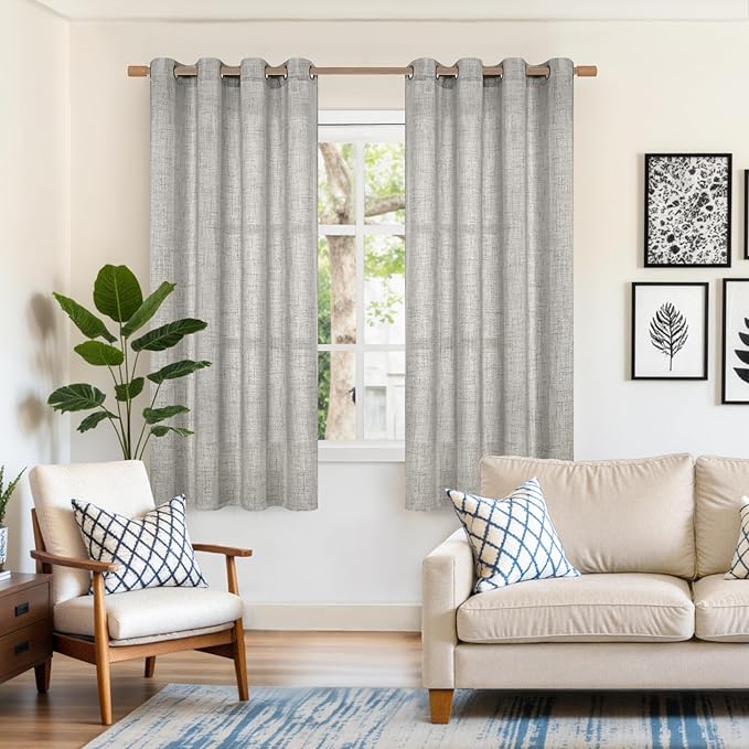 YoungsTex Dark Grey Linen Curtains 63 Inch Length for Living Room Windows, Textured Light Filtering Drapes with Bronze Grommet Privacy for Bedroom, 2 Panels, 52 X 63 Inch