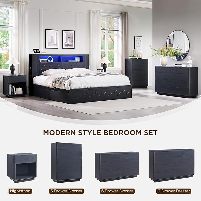 ACCOHOHO Modern 6 Drawer Dresser for Bedroom, 52" Wide Wooden Dressers with Large Storage,Handleless Chest of Drawers TV Stand for Living Room & Hallway, Curved Profile Design, Black