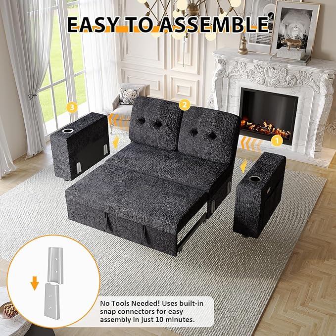 63 Inch Sleeper Sofa Bed, 4 in 1 Pull Out Couch Bed with Adjustable Backrest, Small Loveseat with Wide Armrest | USB Charging | Side Pockets | Cup Holders | Tool Free Assembly, Navy Blue