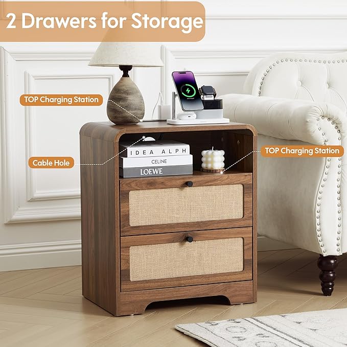 Modern Night Stand with Charging Station and 2 Drawers, Wooden Side Table Curved Nightstands with USB/Type-C Ports, Large Mid Century End Table for Living Room, Bedroom, Nature Linen, Walnut