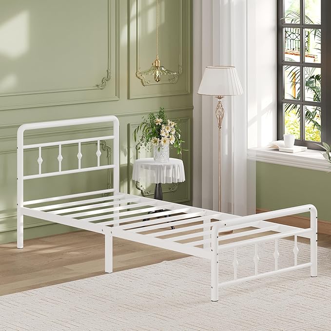 12 Inch Twin XL Bed Frames with Headboard and Footboard, Heavy Duty XL Twin Metal Mattress Foundation No Box Spring Needed, Noise Free, Easy Assembly, White