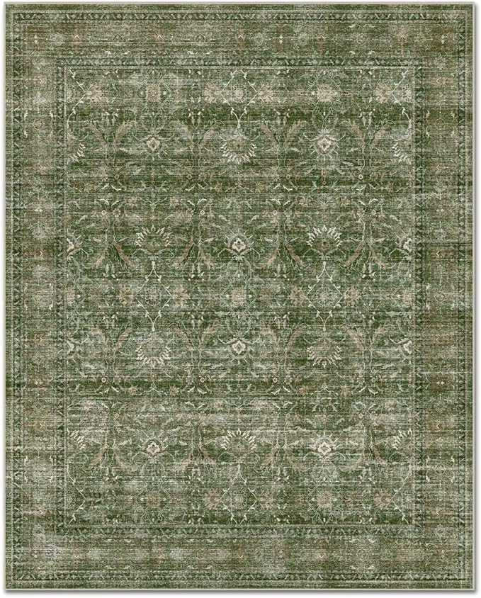 Washable 6x9 Area Rugs for Living Room, Boho Non-Slip Vintage Distress Large Rugs for Bedroom Dining Room Nursery Office, 0.3" Neutral Oriental Throw Thin Carpet, Grass Green/Multi
