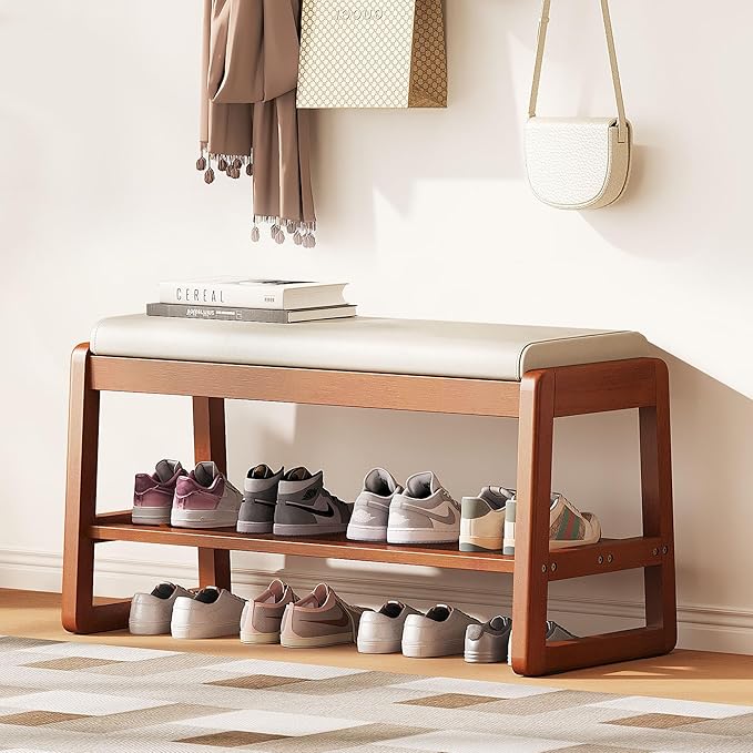 Shoe Bench Storage Rubberwood with Leather Cushion 31.5", Waterproof Easy to Clean 550LBS Organizer Shoe Rack for Entryway, Hallway, Mudroom, Front Door