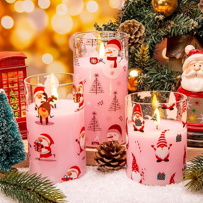 Eywamage Pink Christmas Flameless Pillar Candle with Remote, Flickering Gnomes Santa Glass LED Candles Battery Operated Set of 3