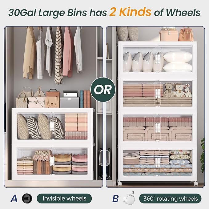150Gal Stackable Storage Bins with Lid, 600Qt Extra Large Collapsible Storage Box with Doors and Wheels, Plastic Closet Organizer and Storage Cabinet Drawer for Home Kitchen, 5Pack White
