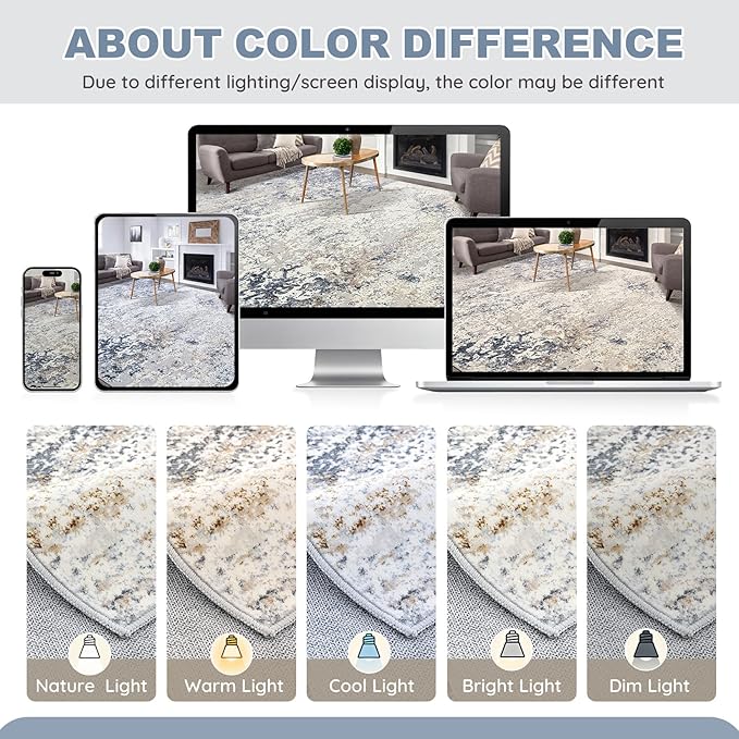 Washable Runner Rug for Hallway: 2x6 Neutral Modern Abstract Low Pile Area Rug with Non-Slip Backing - Carpet for Bedroom Kitchen Laundry Entryway Bathroom Indoor - Beige Blue