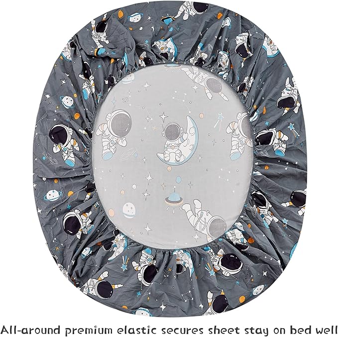 JSD Grey Astronaut Kids Sheet Set Full Size, 4 Piece Boys Space Adventure Printed Microfiber Sheets Deep Pocket