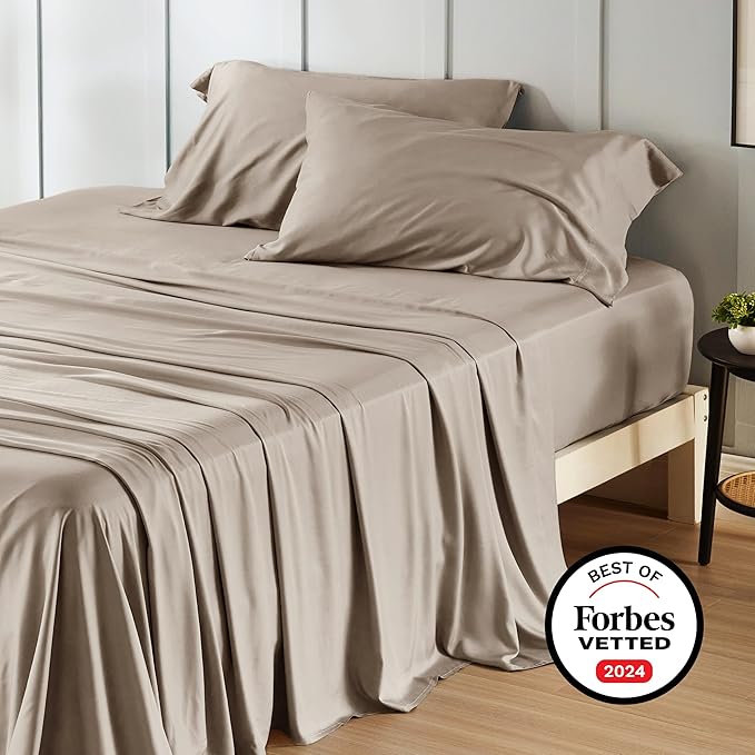 Bedsure King Size Sheets Set, Cooling Sheets for Hot Sleepers, Rayon Derived from Bamboo, Breathable & Soft, Deep Pocket Up to 16 Inches, Hotel Luxury Silky Bedding, Simply Taupe
