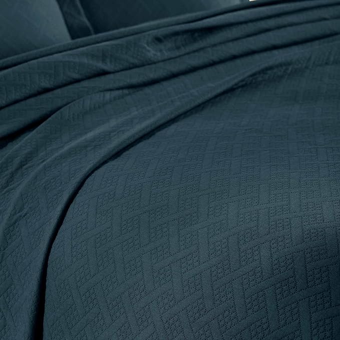 Superior 100% Cotton Basket Weave Bedspread with Shams, All-Season Premium Cotton Matelasse Jacquard Bedding, Quilted-Look Geometric Basket, King, Deep Sea