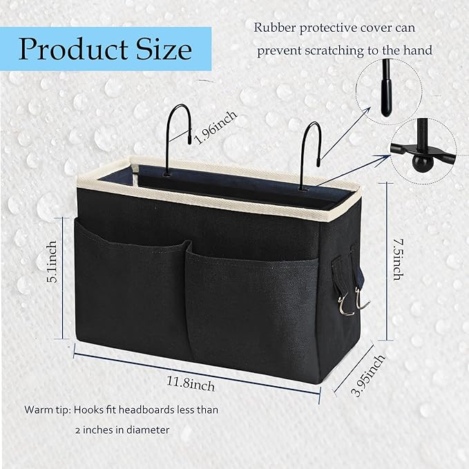 Someteth Bedside Caddy Bedside Hanging Storage Basket Multi-Function Organizer Caddy for Bunk and Hospital Beds Dorm Rooms Bed Rails, Can be Placed Glasses Books Mobile Phones（Black）