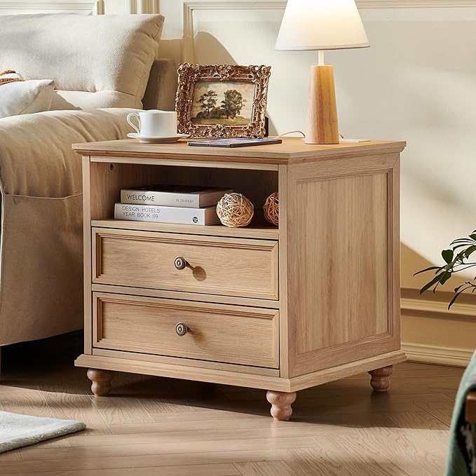 24" Wide Farmhouse Nightstand with Charging Station, End Table with 2 Drawers, Natural Wood Dresser for Bedroom Cabinet, Bed Side Table Chest of Drawers, Night Stand for Living Room, Closet