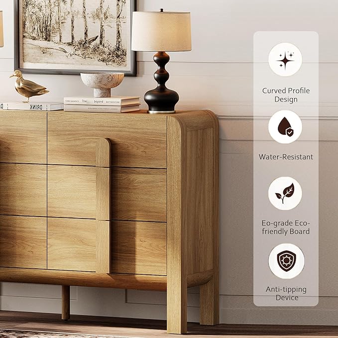 WAMPAT 3 Piece Bedroom Dresser Set, 110.2" Wide 12 Drawers Wood Dresser, Mid-Century Modern Storage Chest with Curved Handles for Bedroom, Living Room (Light Walnut)