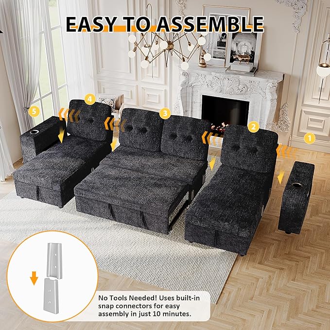 117" Sleeper Sofa Bed, U-Shaped Sofa with Dual Reversible Storage Chaise | Adjustable Backrest | Wide Armrest, Sectional Couches for Living Room, 4 in 1 Pull Out Couch Bed, Navy Blue Chenille