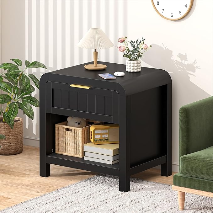 IKENO Wood Nightstand with Storage Drawer, 21" Wide Night Stand with Curved Profile Design, Bedside End Table for Bedroom, Living Room, Closet (1, Black, 1 Drawer)