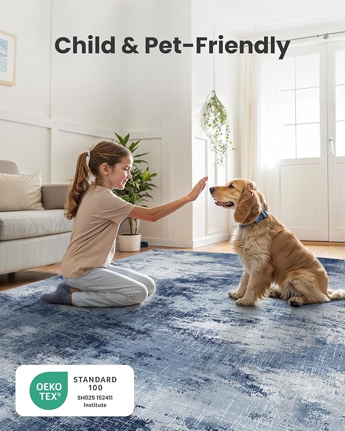 AMADA HOMEFURNISHING 9x12 Area Rugs for Living Room, Modern Large Area Rugs with Non-Slip Backing & Low Pile, Neutral Soft Washable Rug for Nursery, Bedroom, Dinning Room, Playroom, Dark Blue