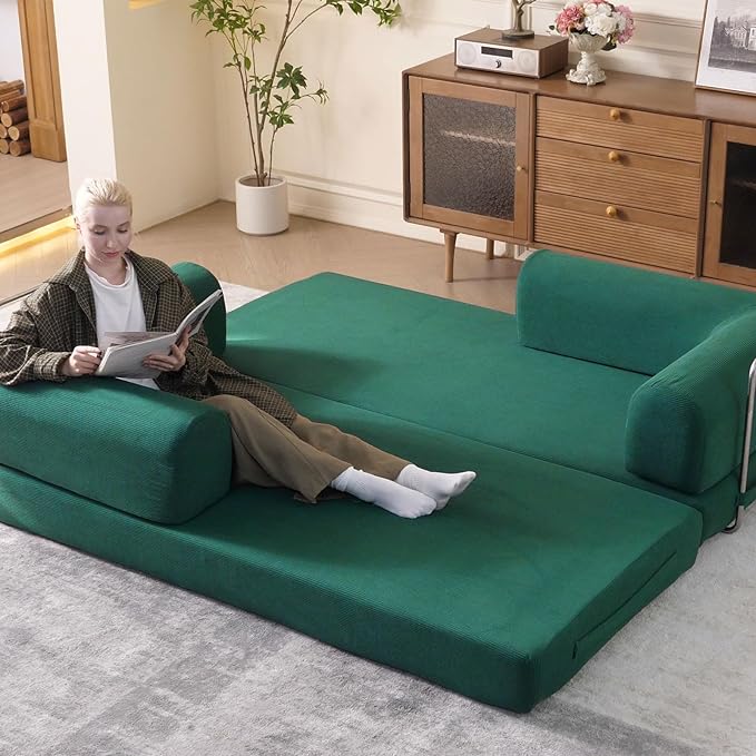 79'' Convertible Sleeper Sofa Bed, 3-in-1 Foldable Floor Couch with Corduroy Upholstery, No Assembly Loveseat, Light Brown Lounge Mattress for Living Room, Studio, Guest Room (Light Green)