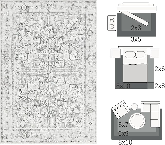 jinchan Lima 6x9 Area Rug for Living Room Washable Soft Throw Rug Ultra-Thin Stain Resistant Non-Slip Distressed Vintage Floral Large Carpet for Bedroom Dining Room Home Office Nursery (6x9ft, Grey)