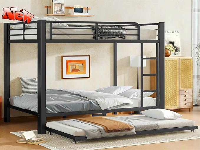 LUCALEO Stronger & Truly Reinforced Heavy Duty Metal Bunk Bed Full Over Full Size Bunkbed, Thickened More Stable & Safer Steel Bunk Bed Frame with Twin Size Trundle (Greater Weight Capacity)