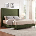 King Bed Frame with 65" Tall Headboard, Horizontal Fine Corduroy Bed Frame with Wingback, Upholstered Platform Bed, Vintage Solid Wood Gourd Legs, No Box Spring Needed, Green